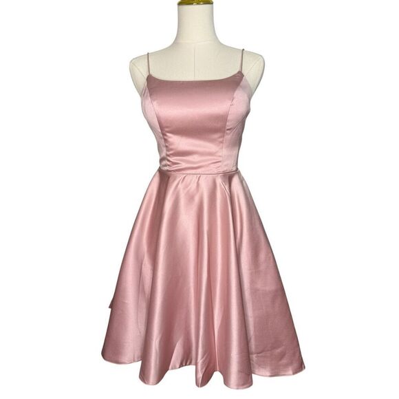 Stacees Women’s 0 A-Line Satin Homecoming Dress with Pockets Wisteria Pink NEW - Picture 3 of 10